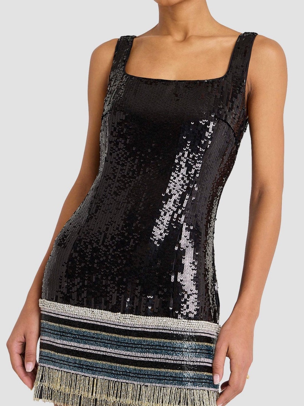 Amanda Uprichard Augustine Black Sequin Square-Neck Fringe Mini Dress
